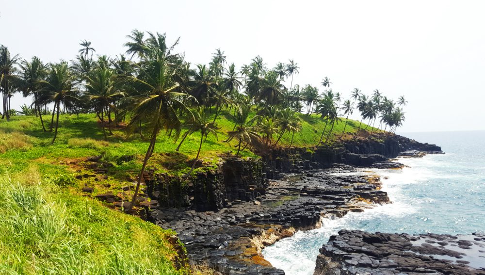 Costa de rocas volcánicas y palmeras en la isla de Santo Tomé