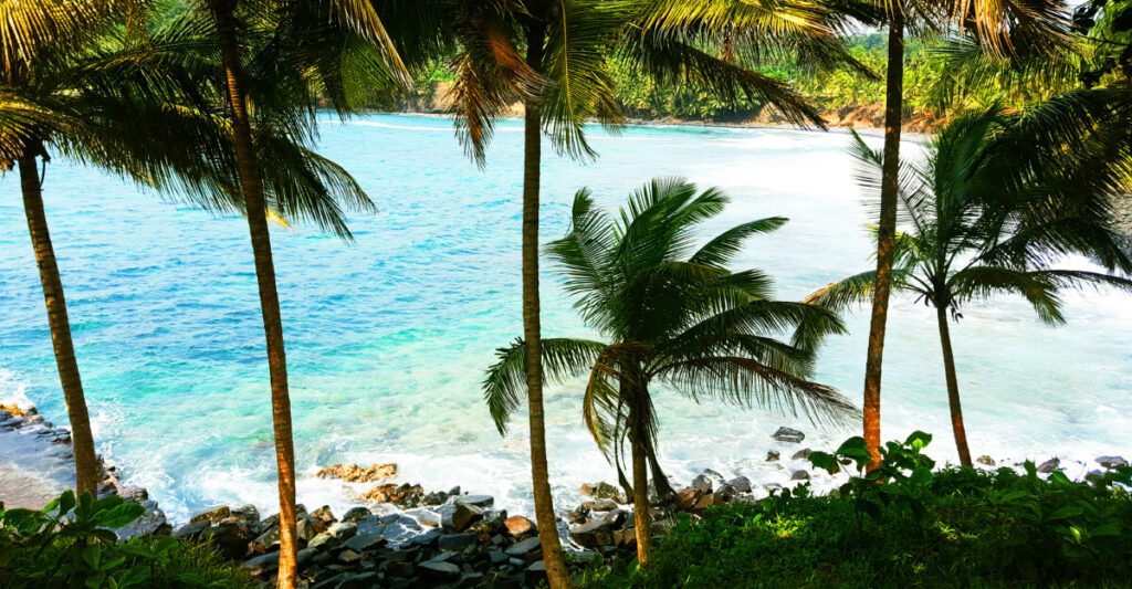 Cala de aguas turquesas entre palmeras en la isla de Santo Tomé